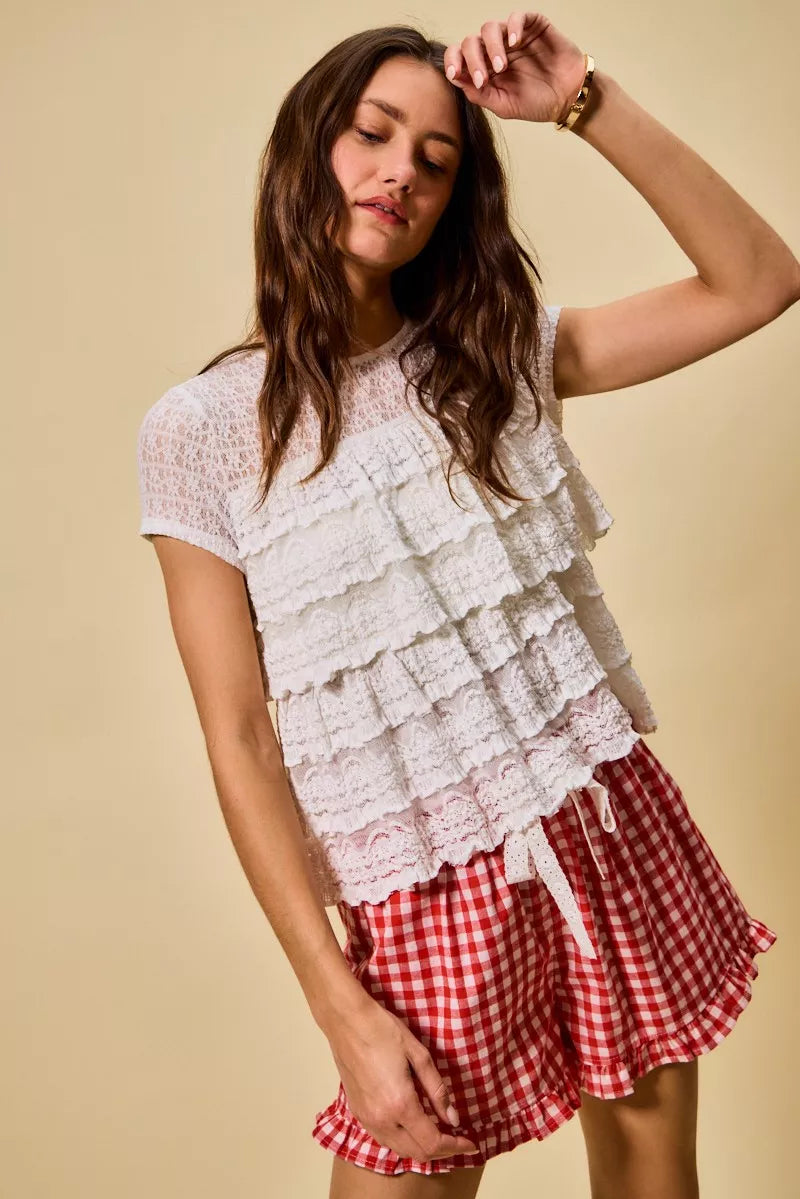 Ruffle Tiered Stretch Lace Short Sleeves Knit Top So Me