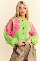 Flower Contrast Round Neck Long Sleeve Cardigan Davi & Dani