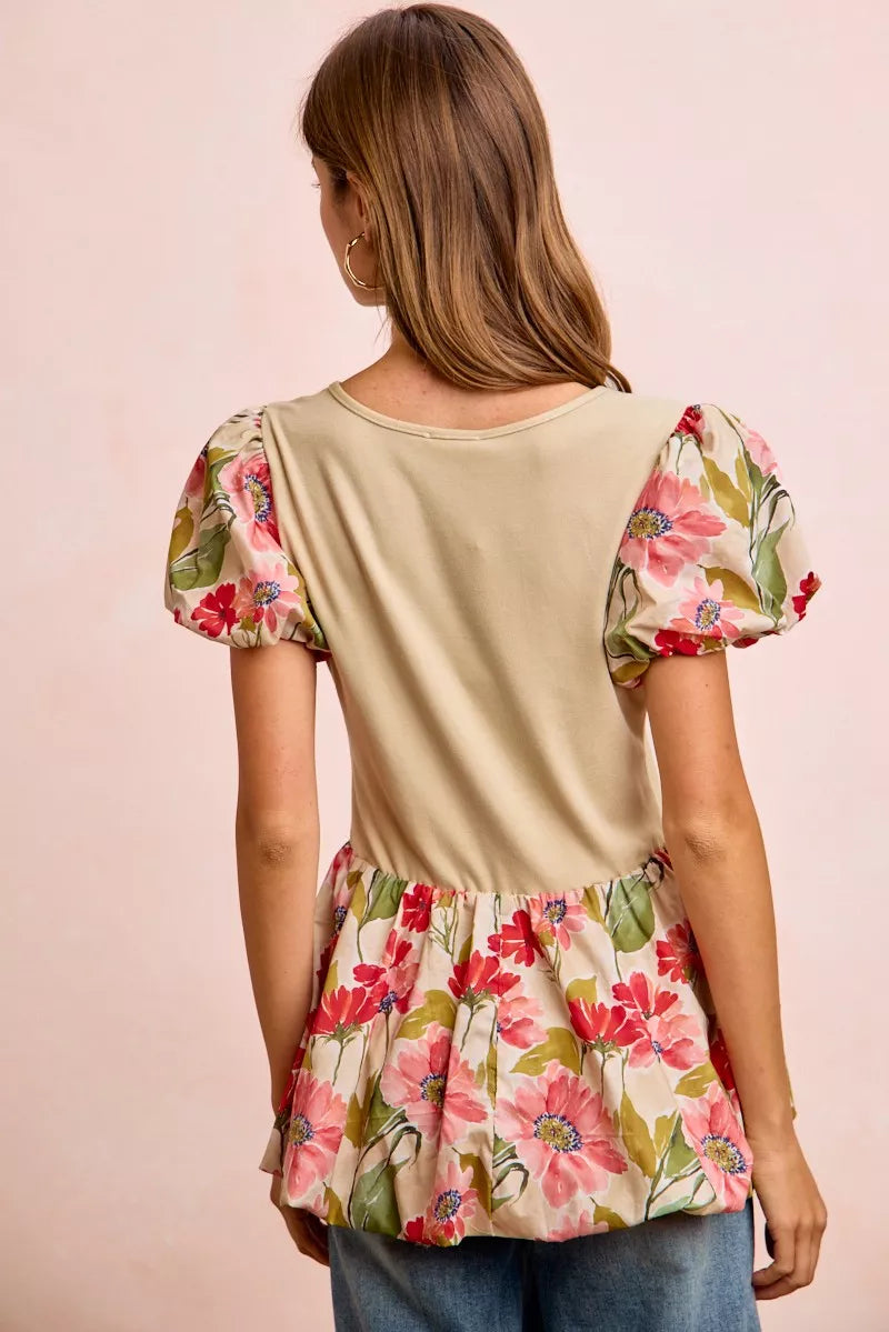 Floral Printed Bubble Sleeves and Hem Peplum Top BiBi