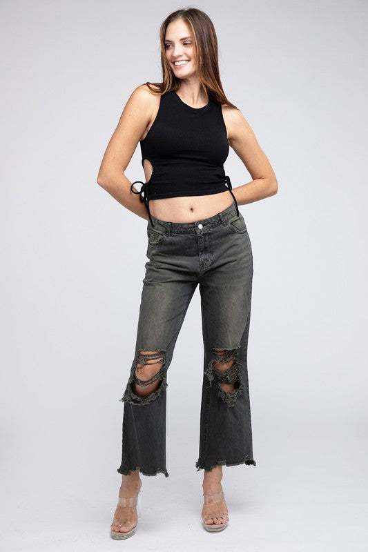 Distressed Vintage Washed Wide Leg Pants BiBi   