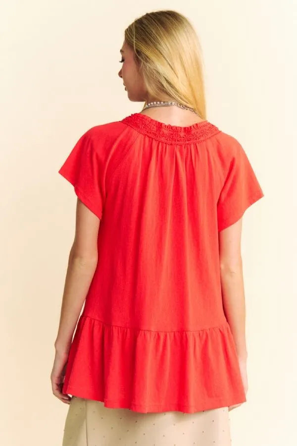 Solid Lace Trim Neck Short Sleeve Peplum Top Davi & Dani