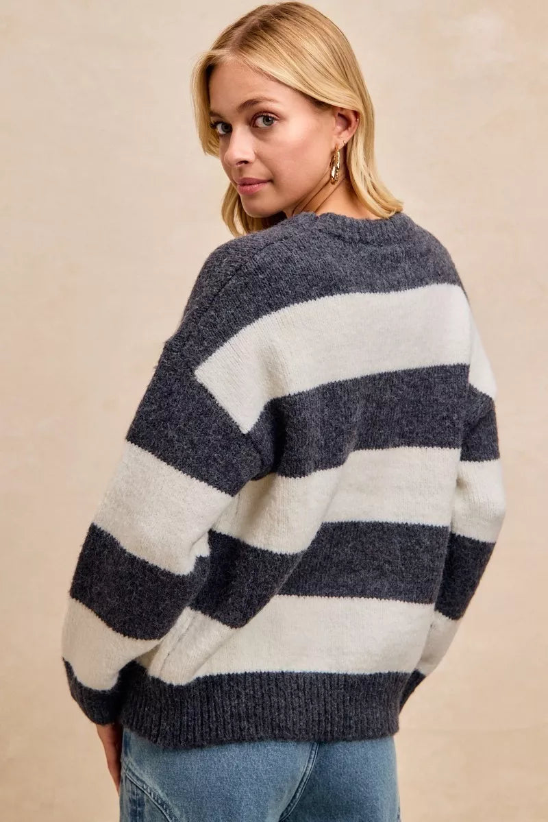 Wide Stripe Fuzzy Knit Round Neck Sweater BiBi
