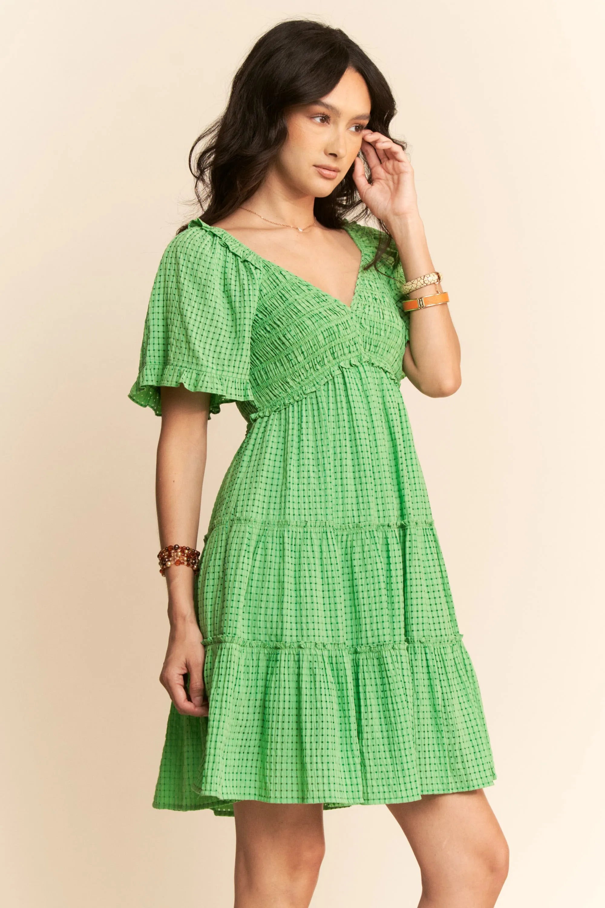 Jacquard Checker Smocking Tiered Dress Davi & Dani