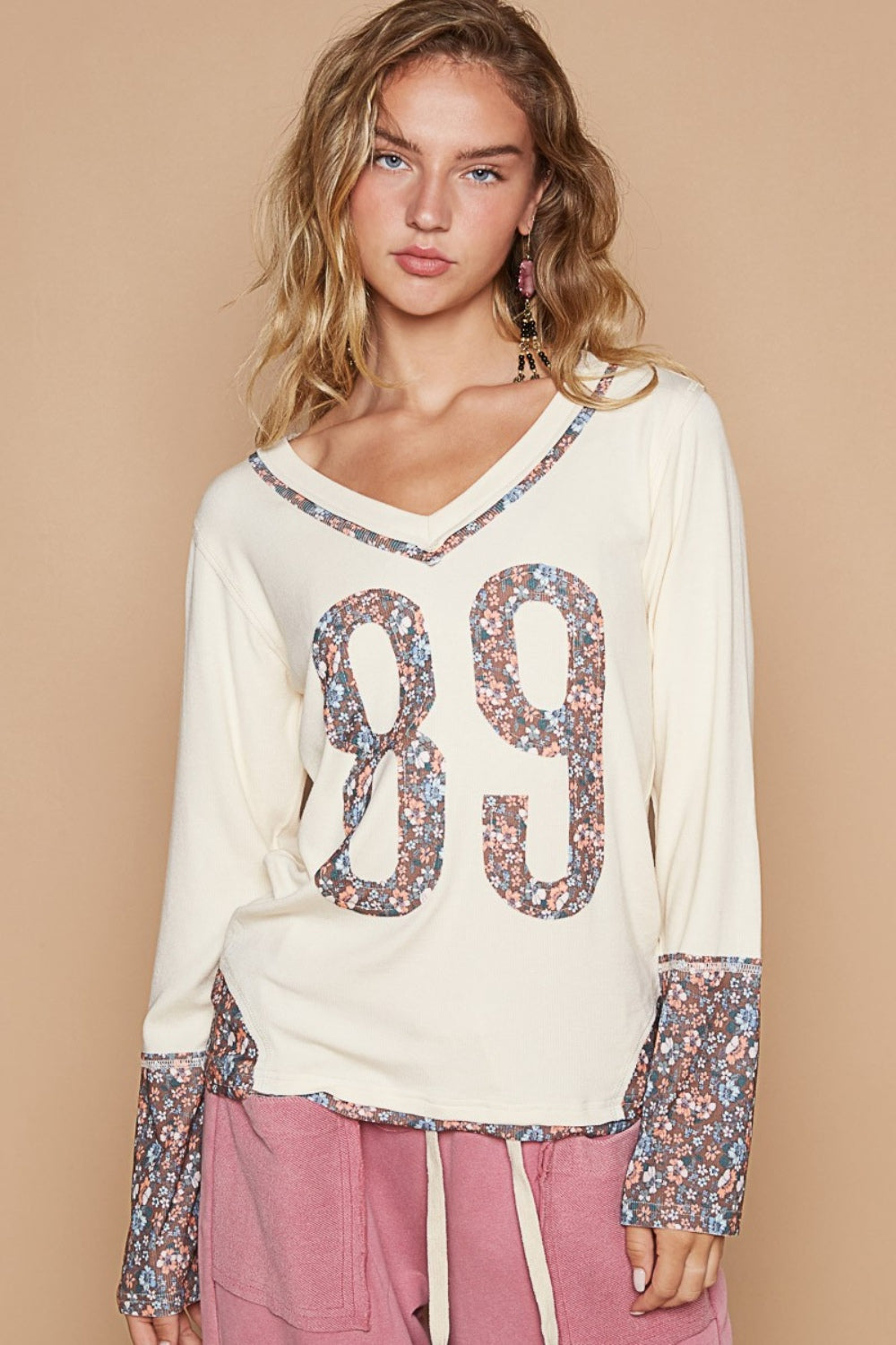 V-Neck Long Sleeve Floral Number Patch T-Shirt POL Butter Milk S 