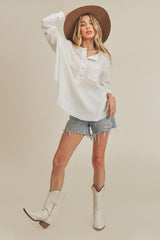 Exposed Seam Raw Hem Half Button Top Aemi + Co