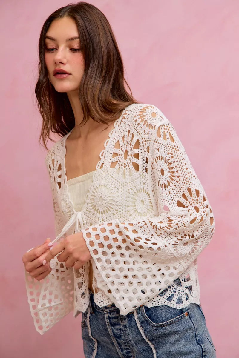 Floral Pattern Crochet Knit Tie Front Crop Cardigan So Me