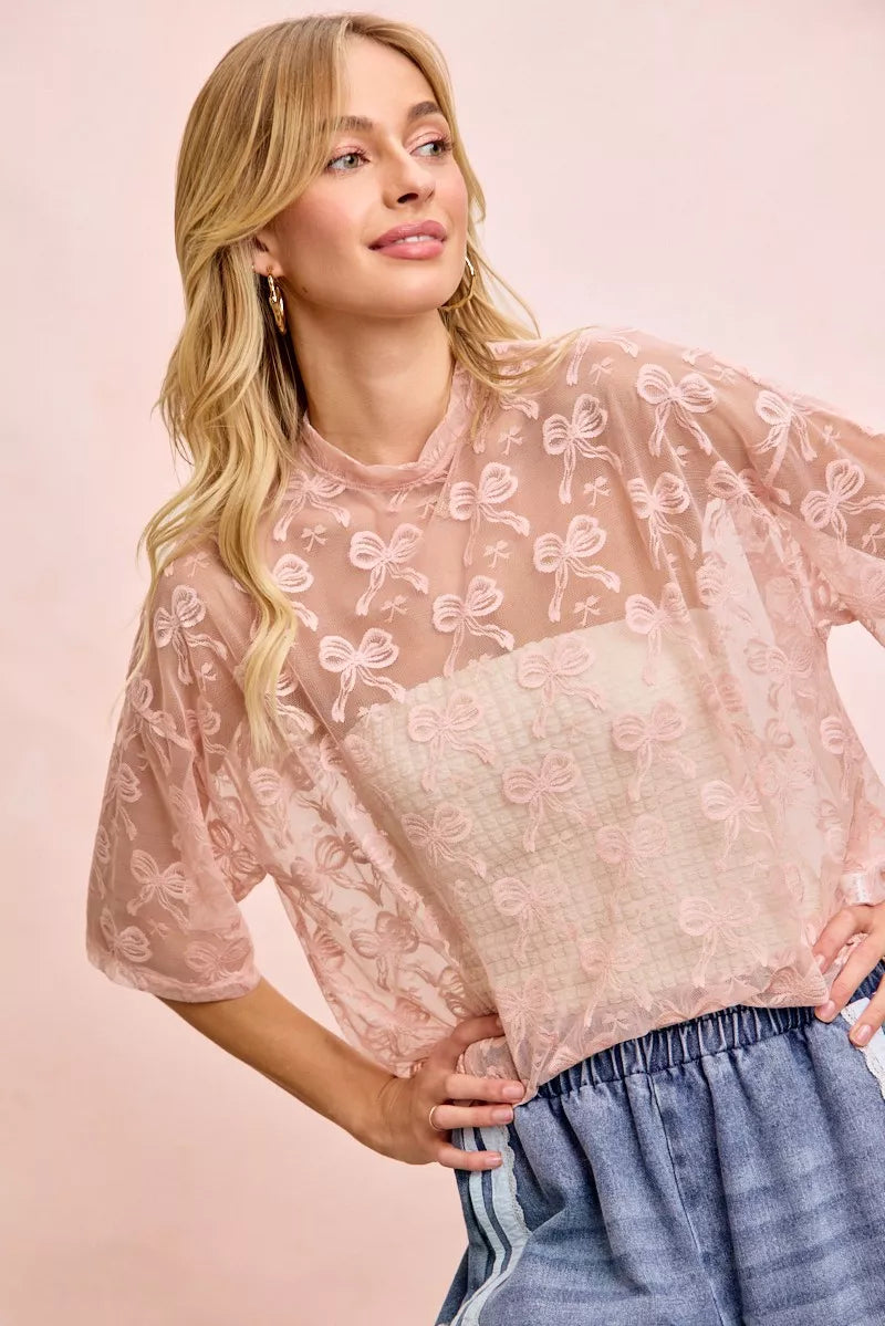 Bow Pattern Short Sleeves Boxy Mesh Top BiBi