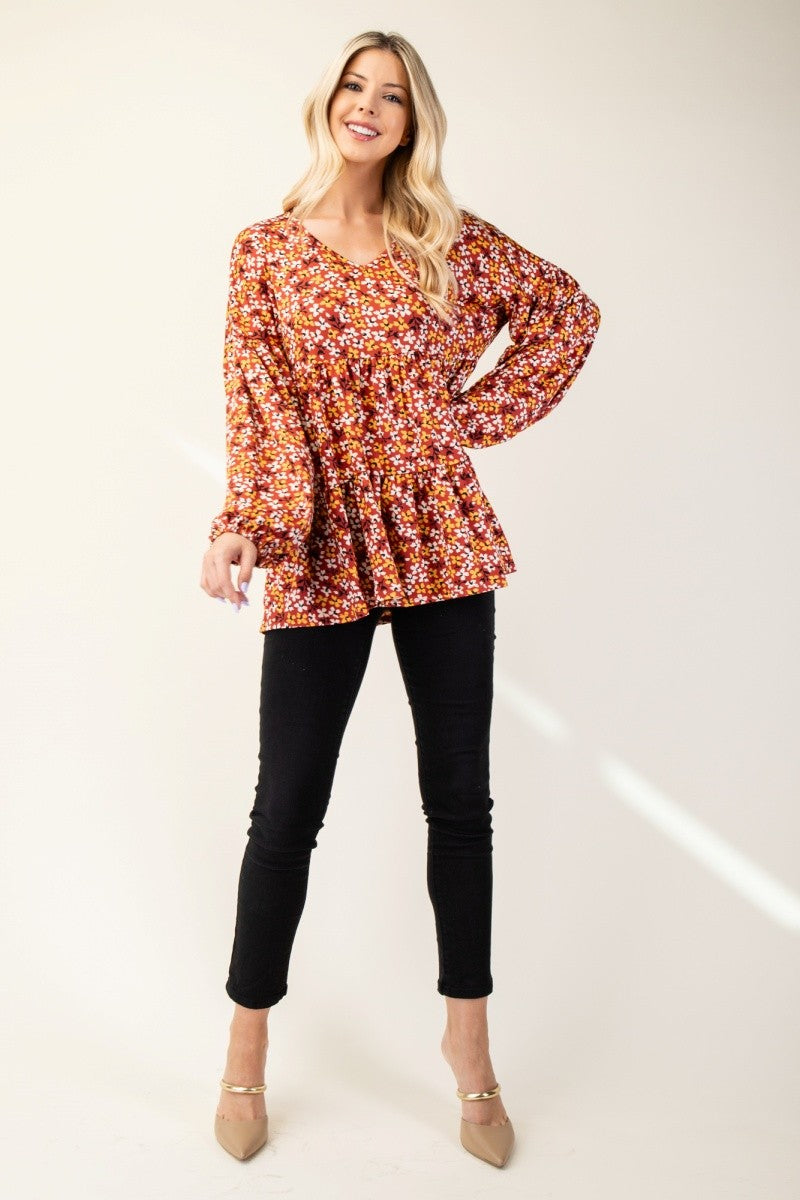 Floral V-Neck Balloon Sleeve Blouse Celeste   