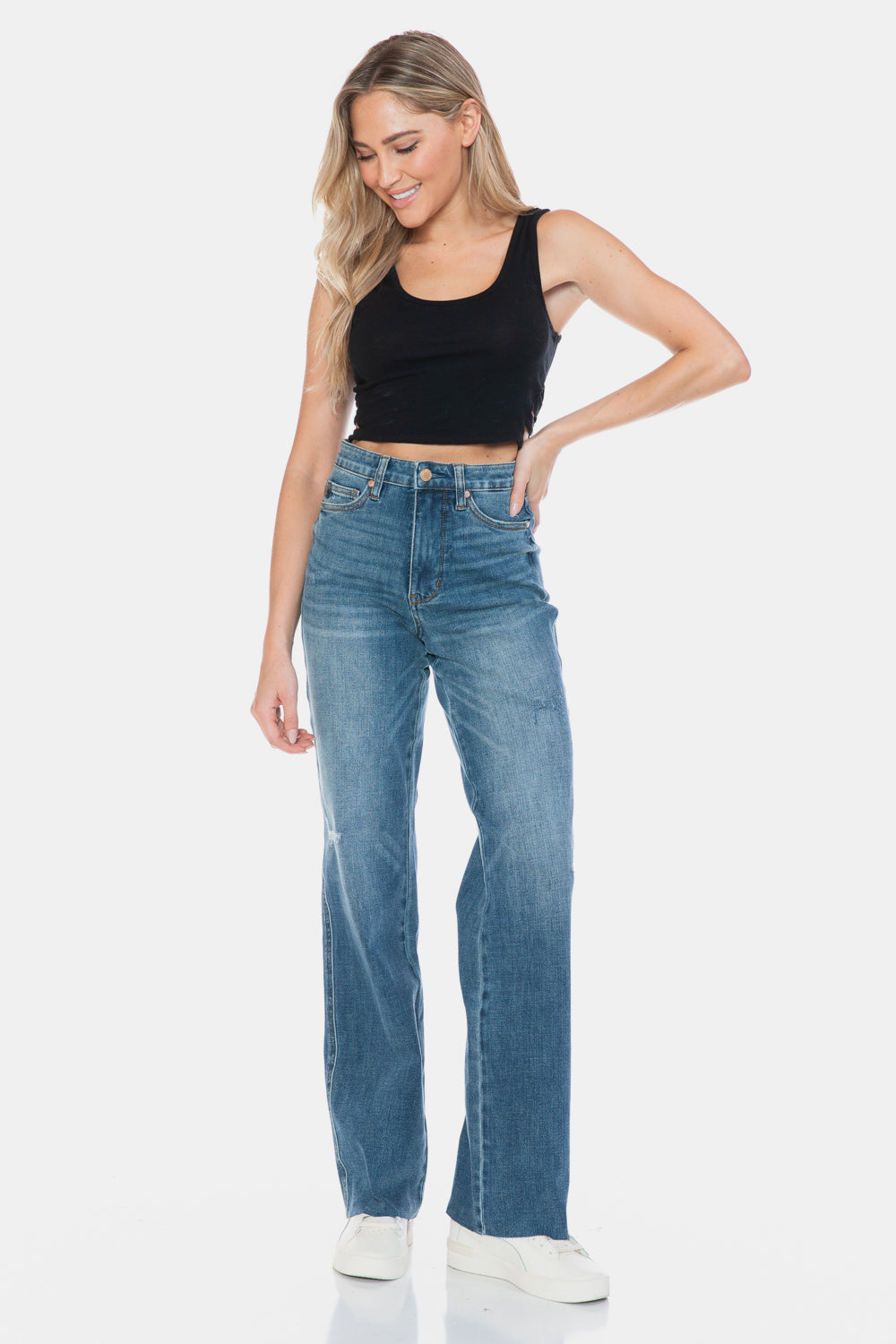 Tummy Control Cut Raw Hem Straight Jeans Judy Blue   