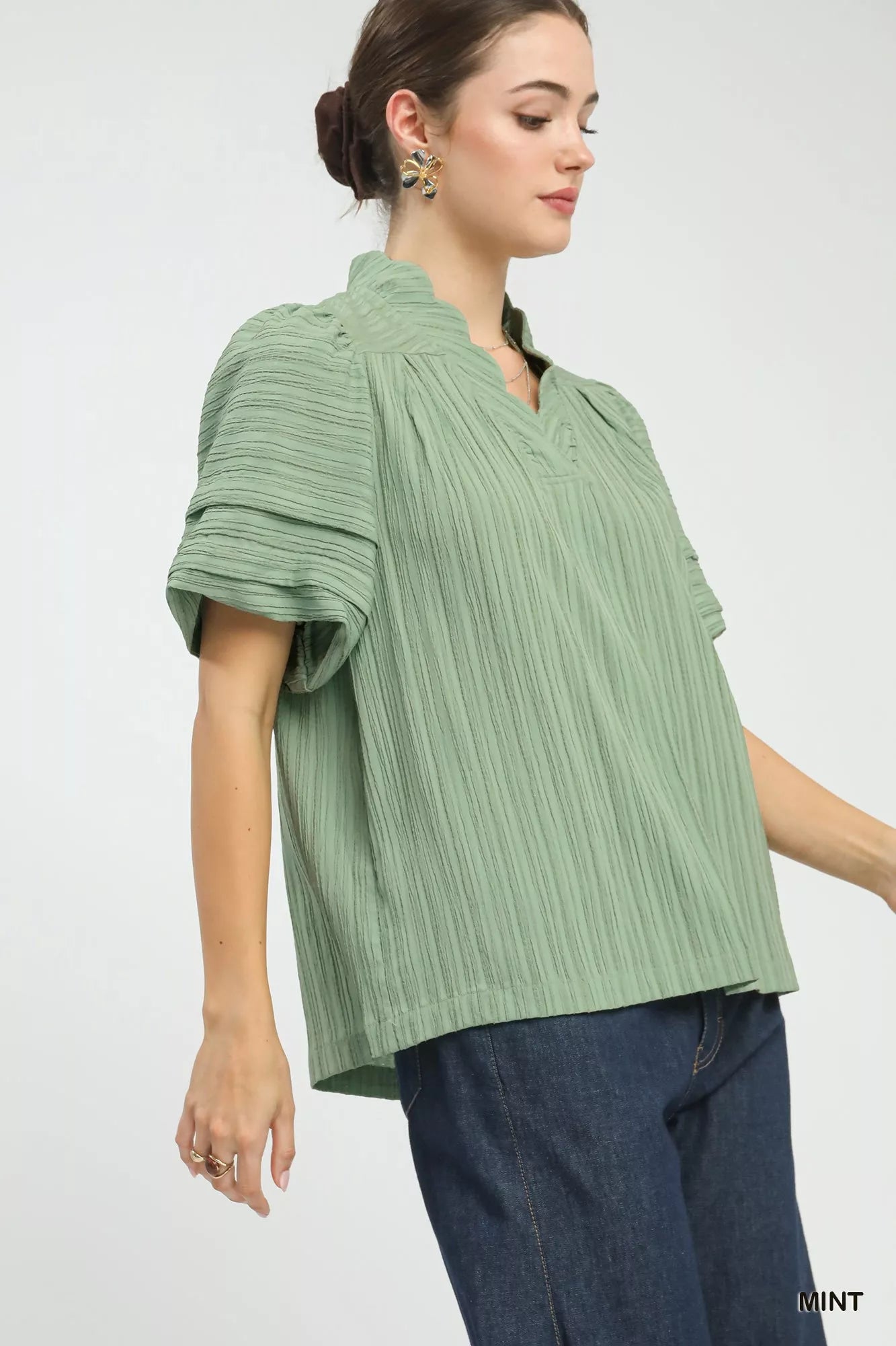 Seersucker Bubble Sleeve V-Neck Blouse Umgee