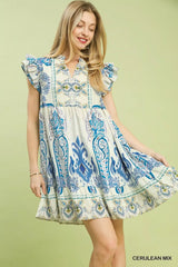 Simmer & Fay Umgee cerulean mix boho print dress with ruffle sleeves and tiered swing skirt