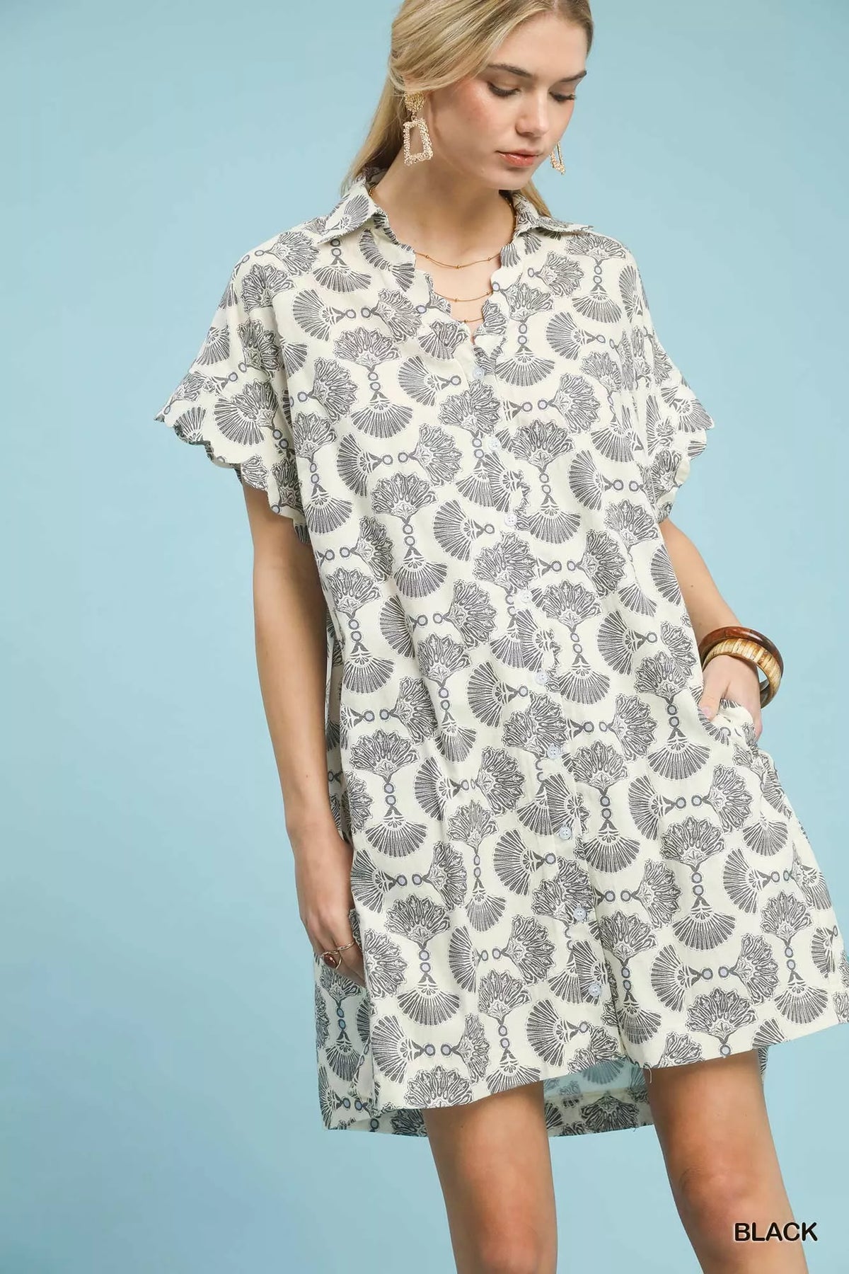 Printed Button Front Shirt Dress Umgee Black S