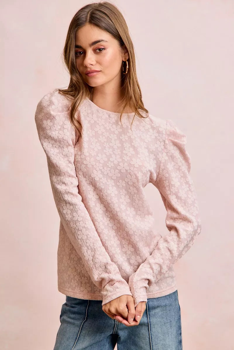 Textured Flower Knit Puff Shoulder Top BiBi
