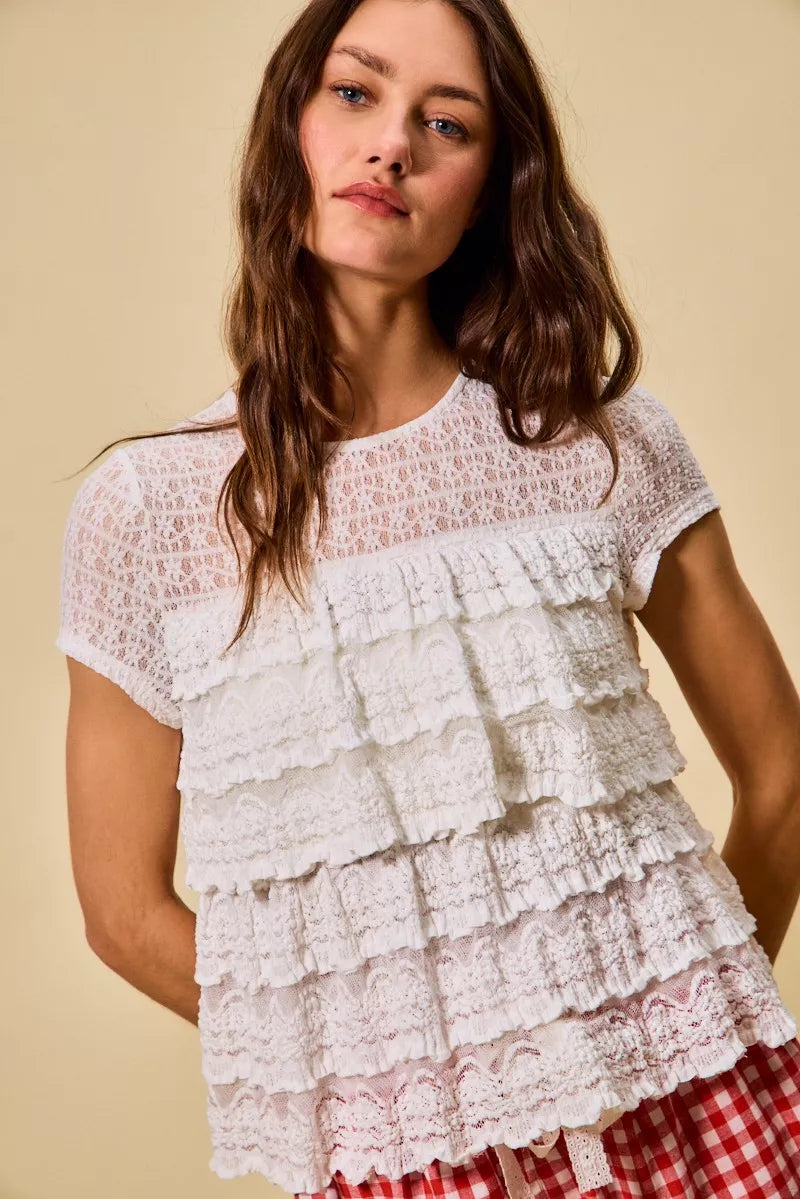 Ruffle Tiered Stretch Lace Short Sleeves Knit Top So Me