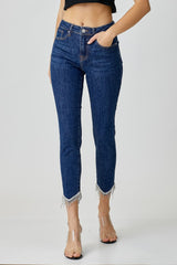 Embellished Mid Rise Crop Skinny Jeans Risen   