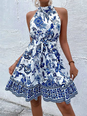 Printed Sleeveless Tie Waist Dress Simmer & Fay