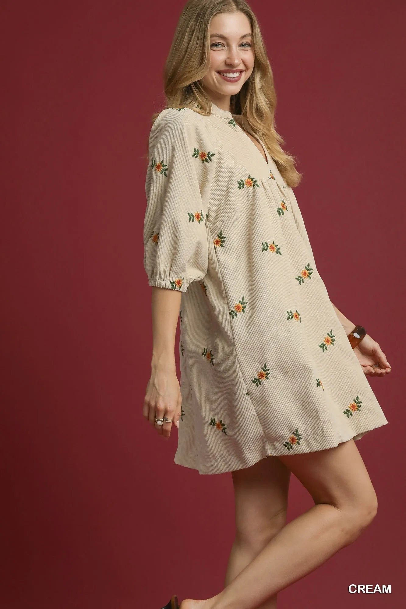 Umgee Corduroy Babydoll Dress with Floral Embroidery Trendsi