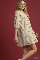 Umgee Corduroy Babydoll Dress with Floral Embroidery Trendsi
