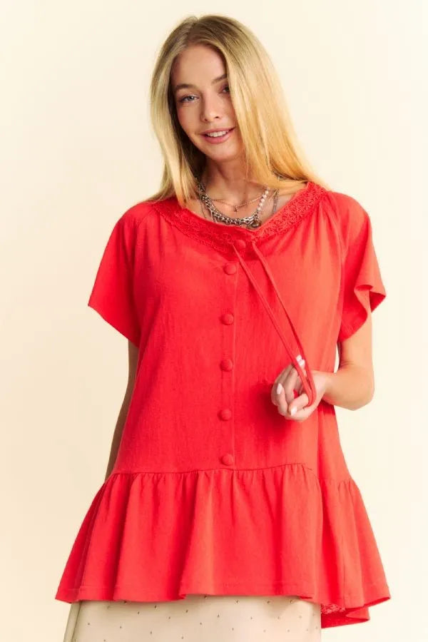 Solid Lace Trim Neck Short Sleeve Peplum Top Davi & Dani TOMATO S