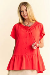 Solid Lace Trim Neck Short Sleeve Peplum Top Davi & Dani TOMATO S