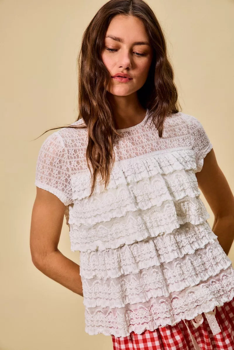 Ruffle Tiered Stretch Lace Short Sleeves Knit Top So Me