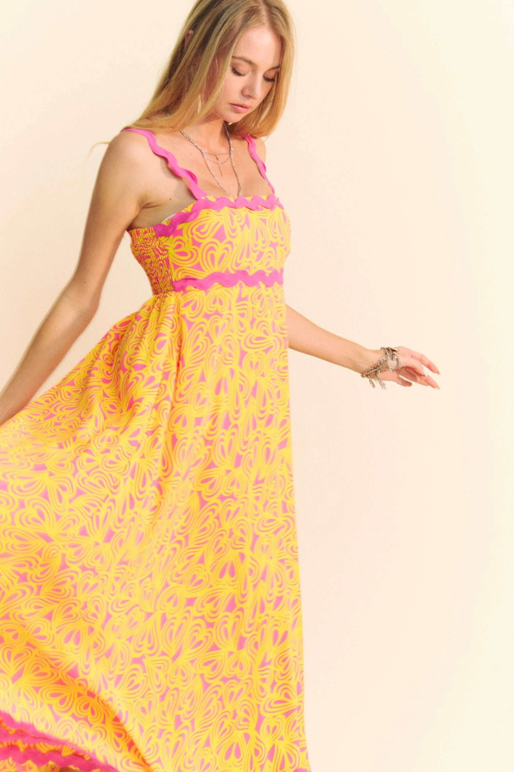 Geo 2 Tone Printed Wavi Trim Tiered Maxi Dress Davi & Dani