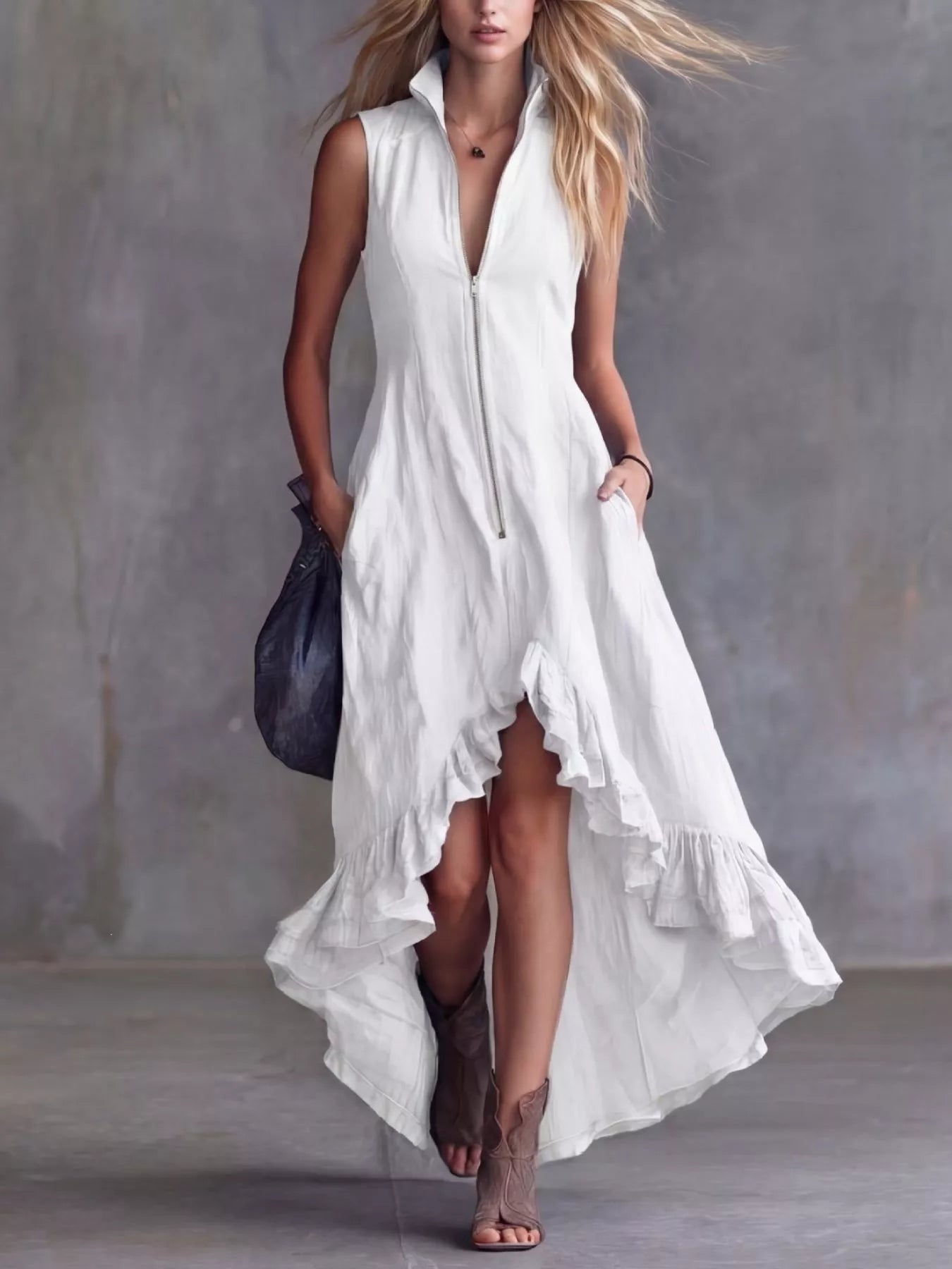 Full Size High-Low Ruffled Zip Front Dress Plus Size Simmer & Fay White S