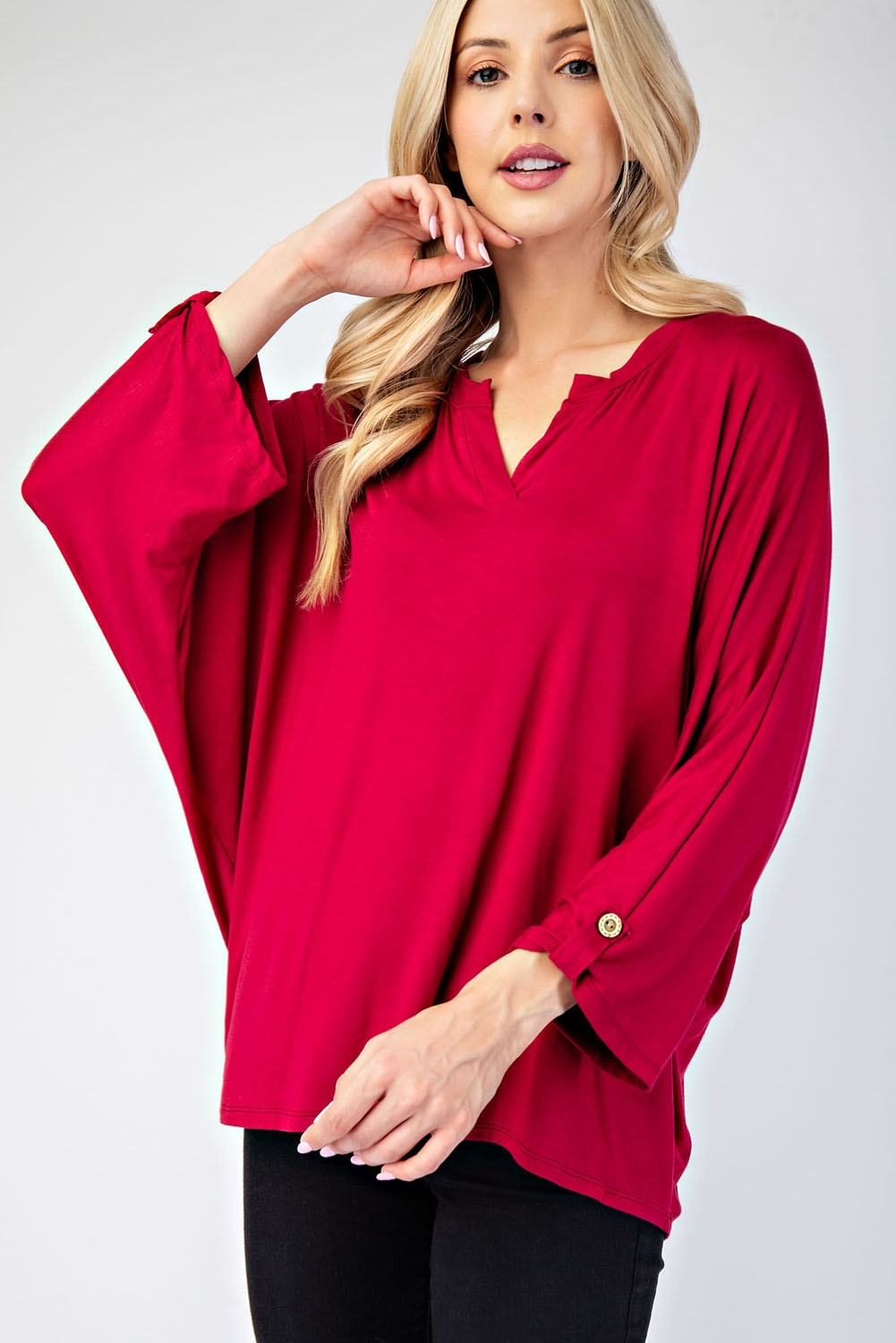 Notched Three-Quarter Sleeve Blouse Celeste   