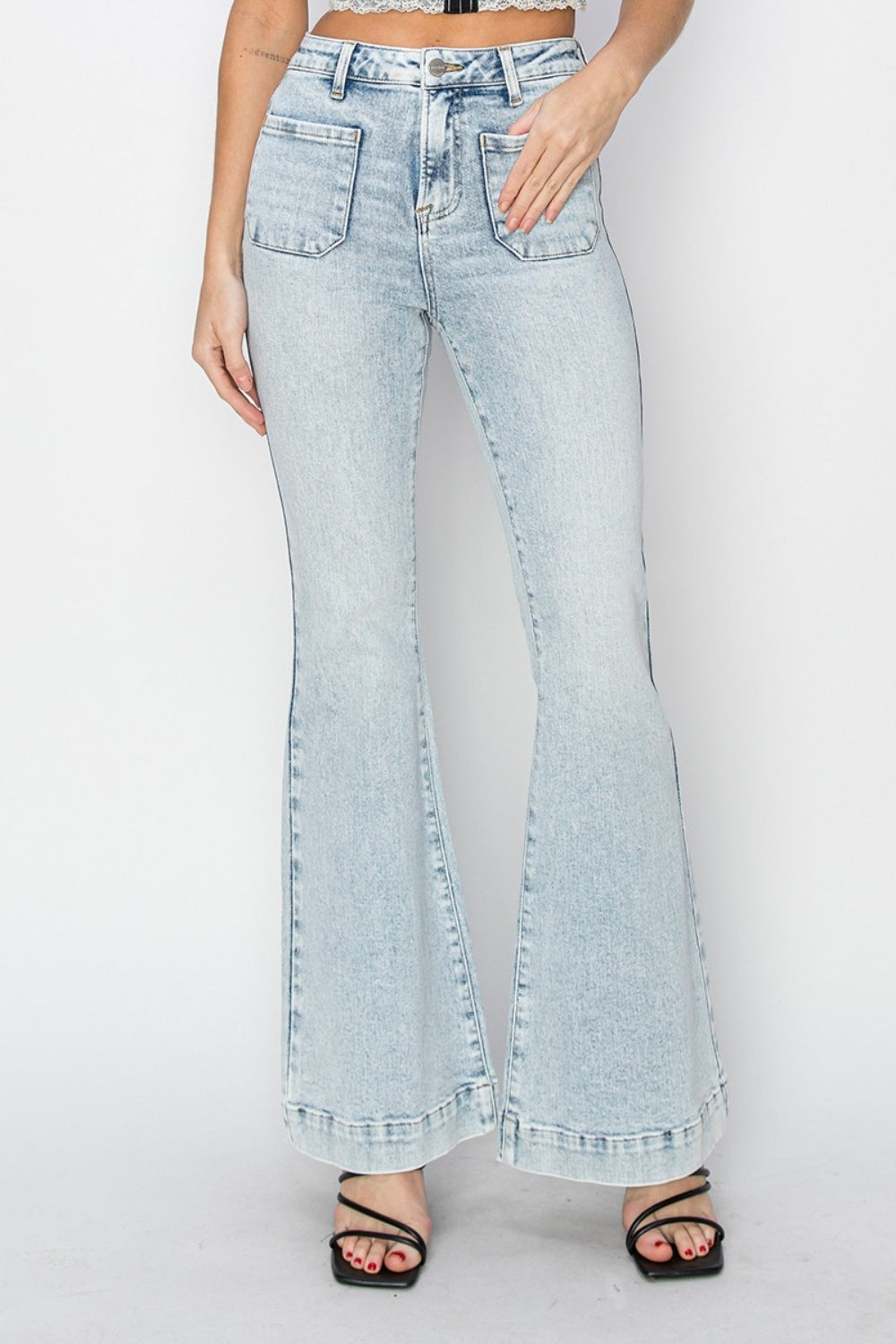 High Rise Front Patch Pocket Flare Jeans Risen   