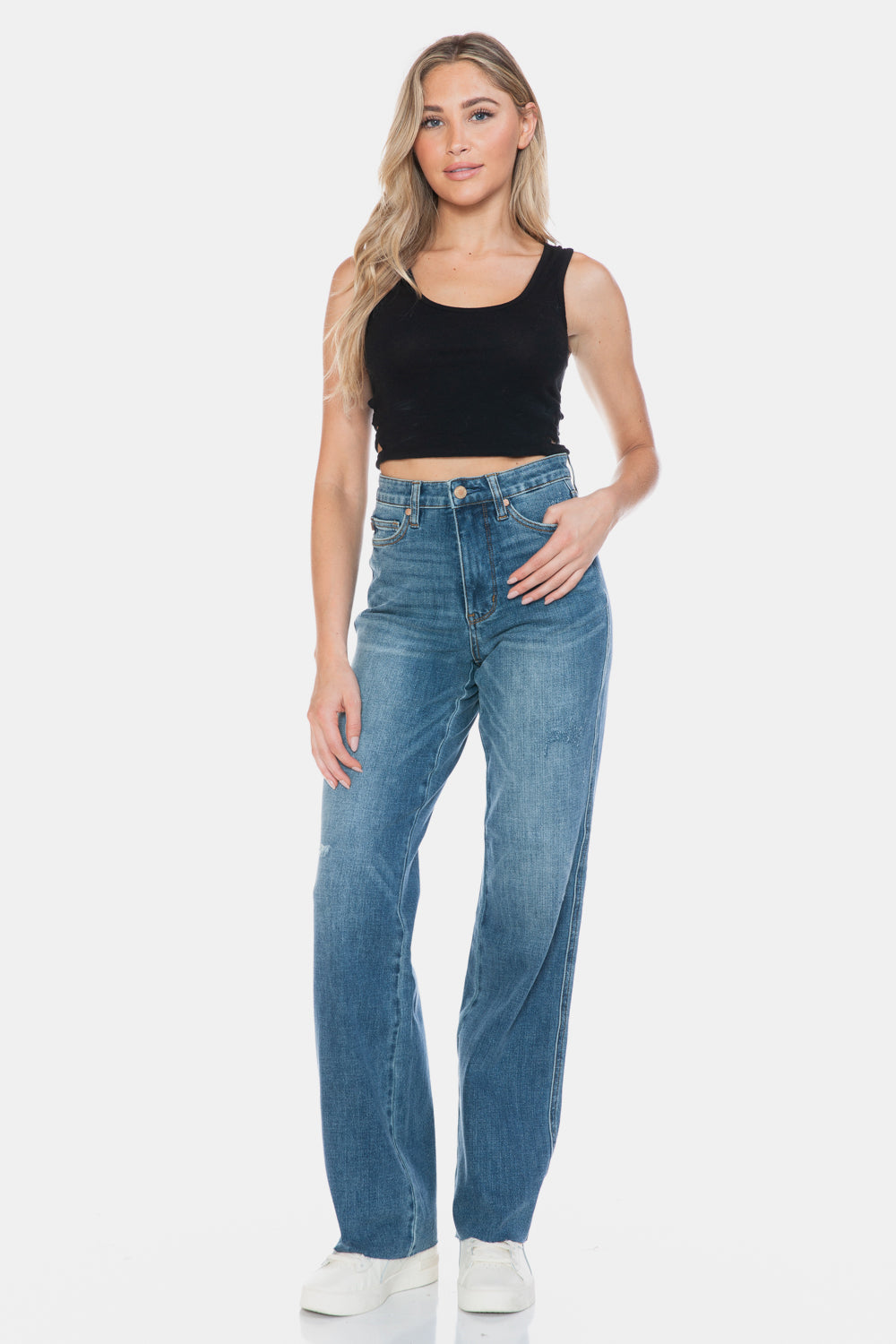 Tummy Control Cut Raw Hem Straight Jeans Judy Blue   