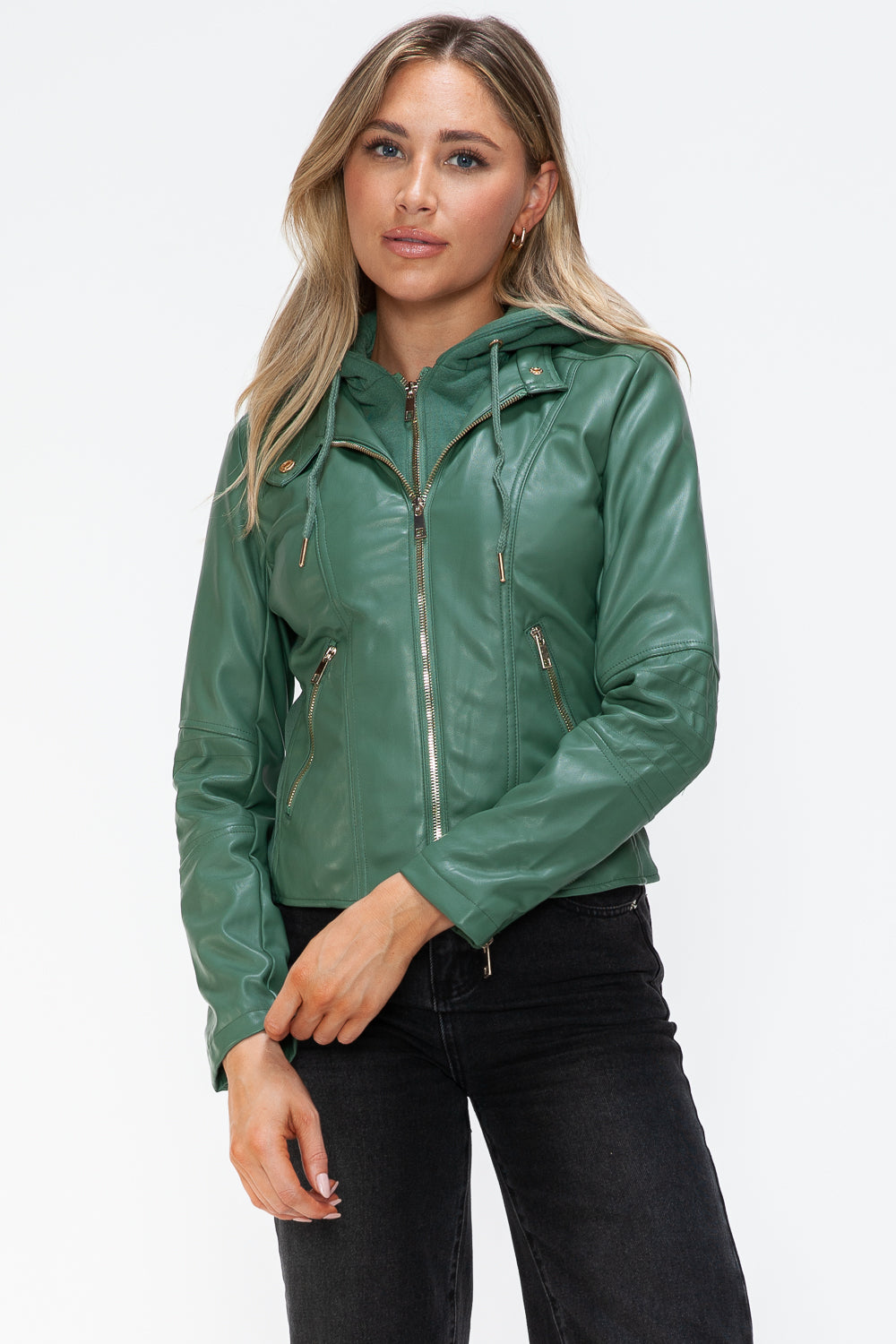 Faux Leather Zip Up Drawstring Hooded Jacket Snobbish