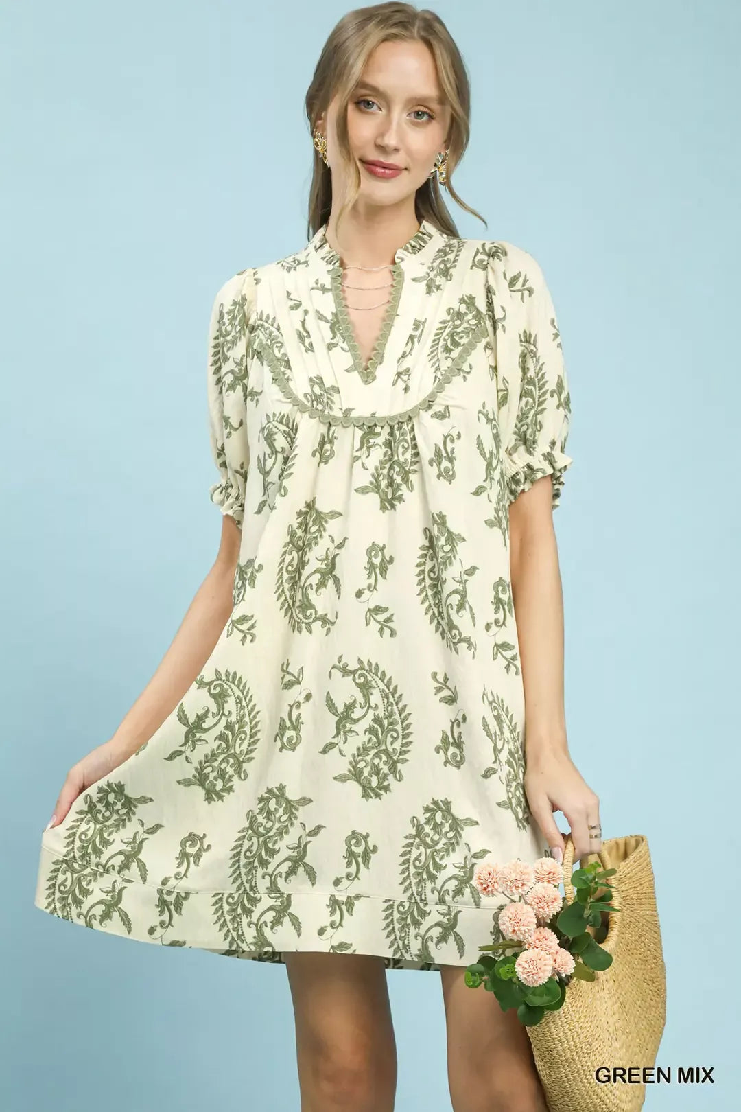 Mix Paisley Scallop Trim Dress Umgee GREEN MIX S