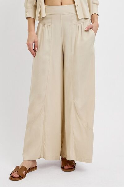 Shirring Detail Wide Leg Pants Risen Taupe S