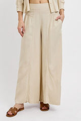 Shirring Detail Wide Leg Pants Risen Taupe S