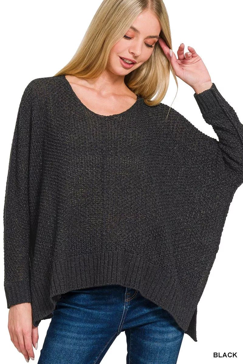 Dolman Sleeve V-Neck Sweater ZENANA BLACK S/M