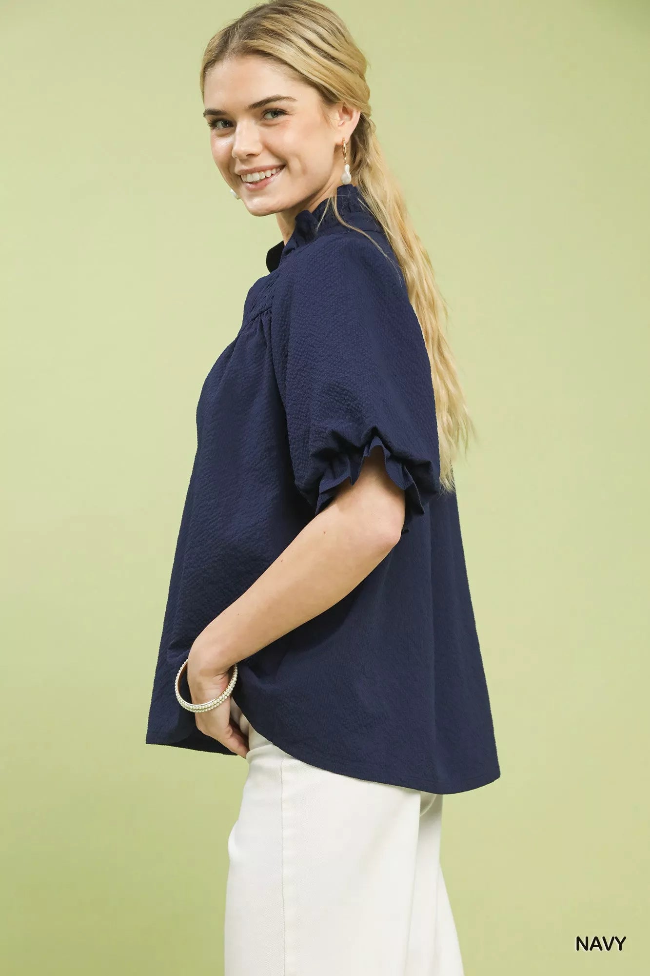 Textured Smocked Yoke Split-Neck Top Umgee