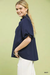Textured Smocked Yoke Split-Neck Top Umgee