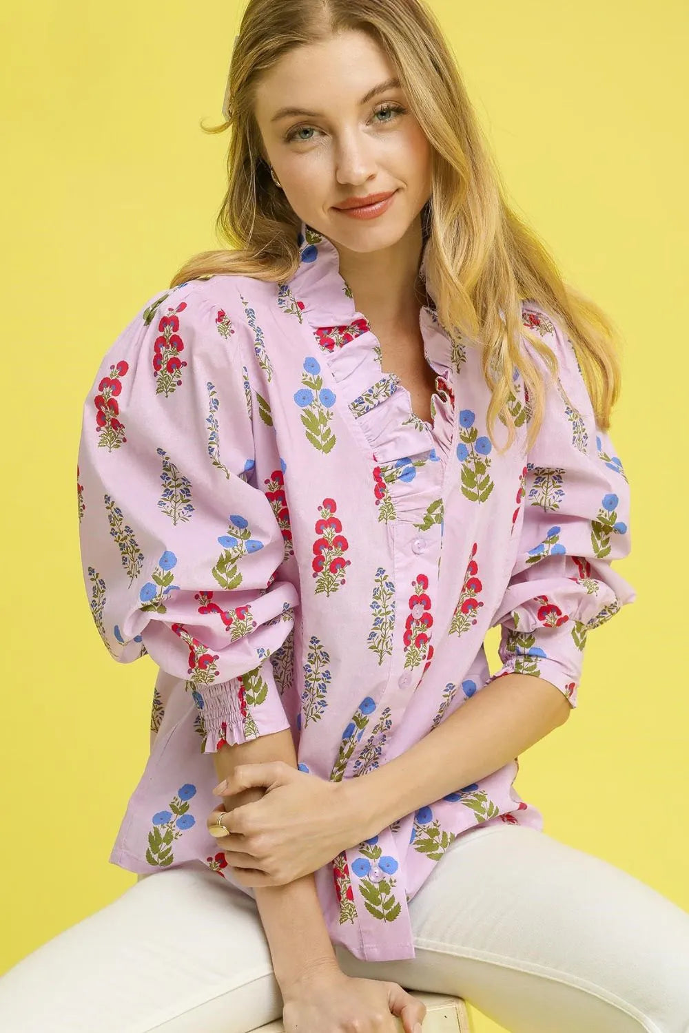Floral Print Lantern Sleeve Button Down Shirt Umgee Blush Pink S