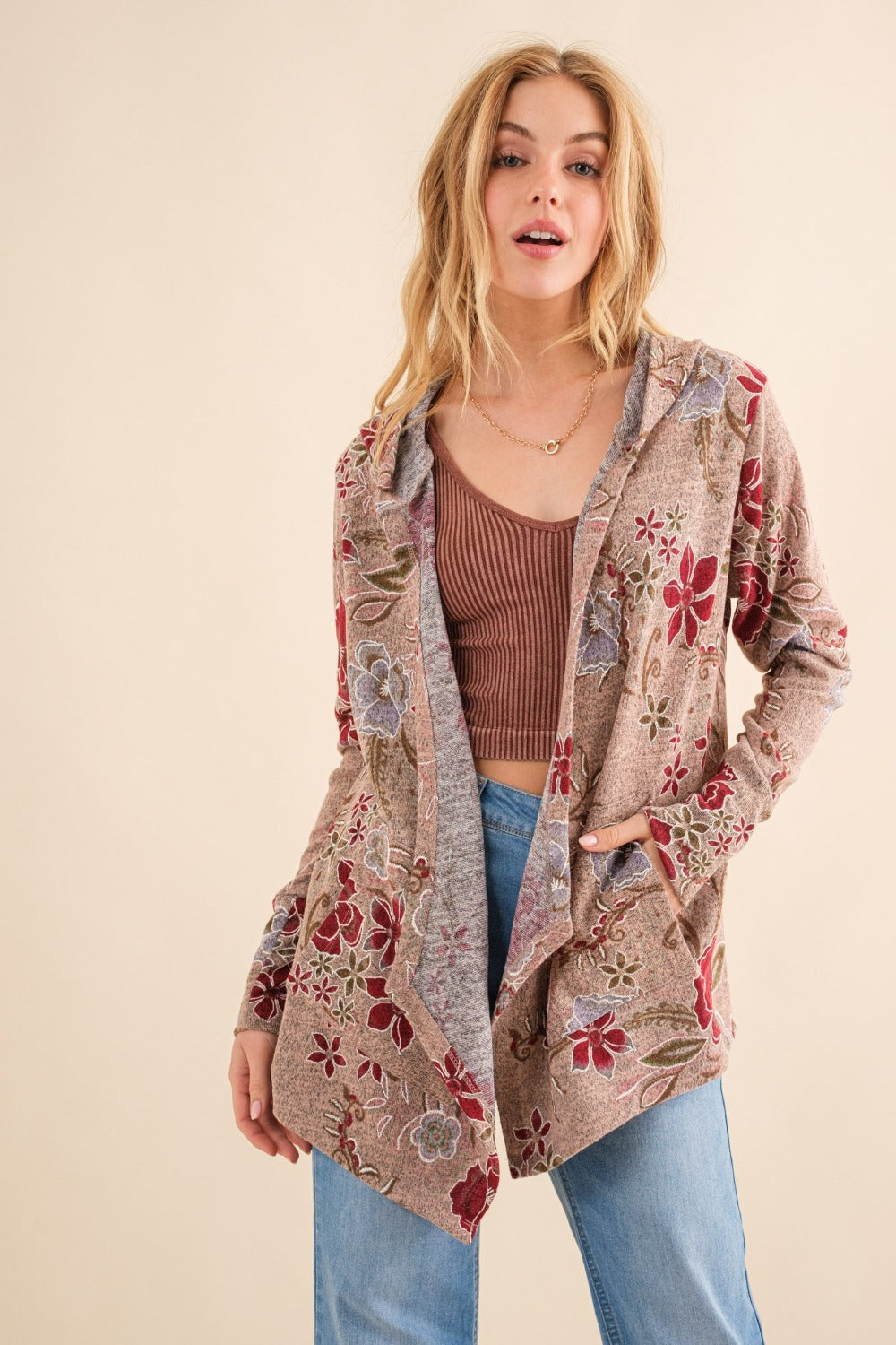 Floral Thermal Hooded Open Front Cardigan And the Why Blush Multi S 