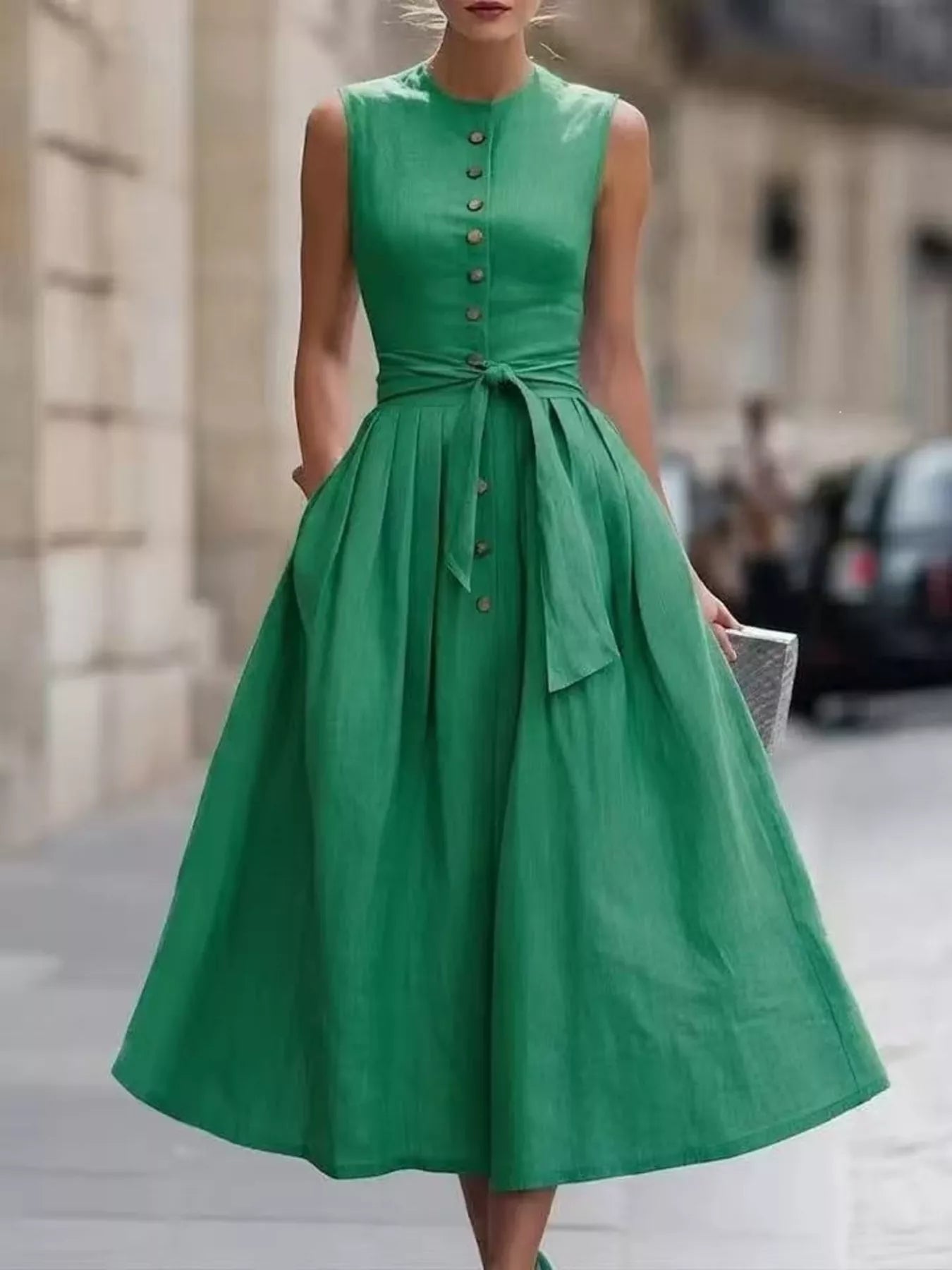 Sleeveless Button-Front Belted Midi Dress Simmer & Fay Dark Green S