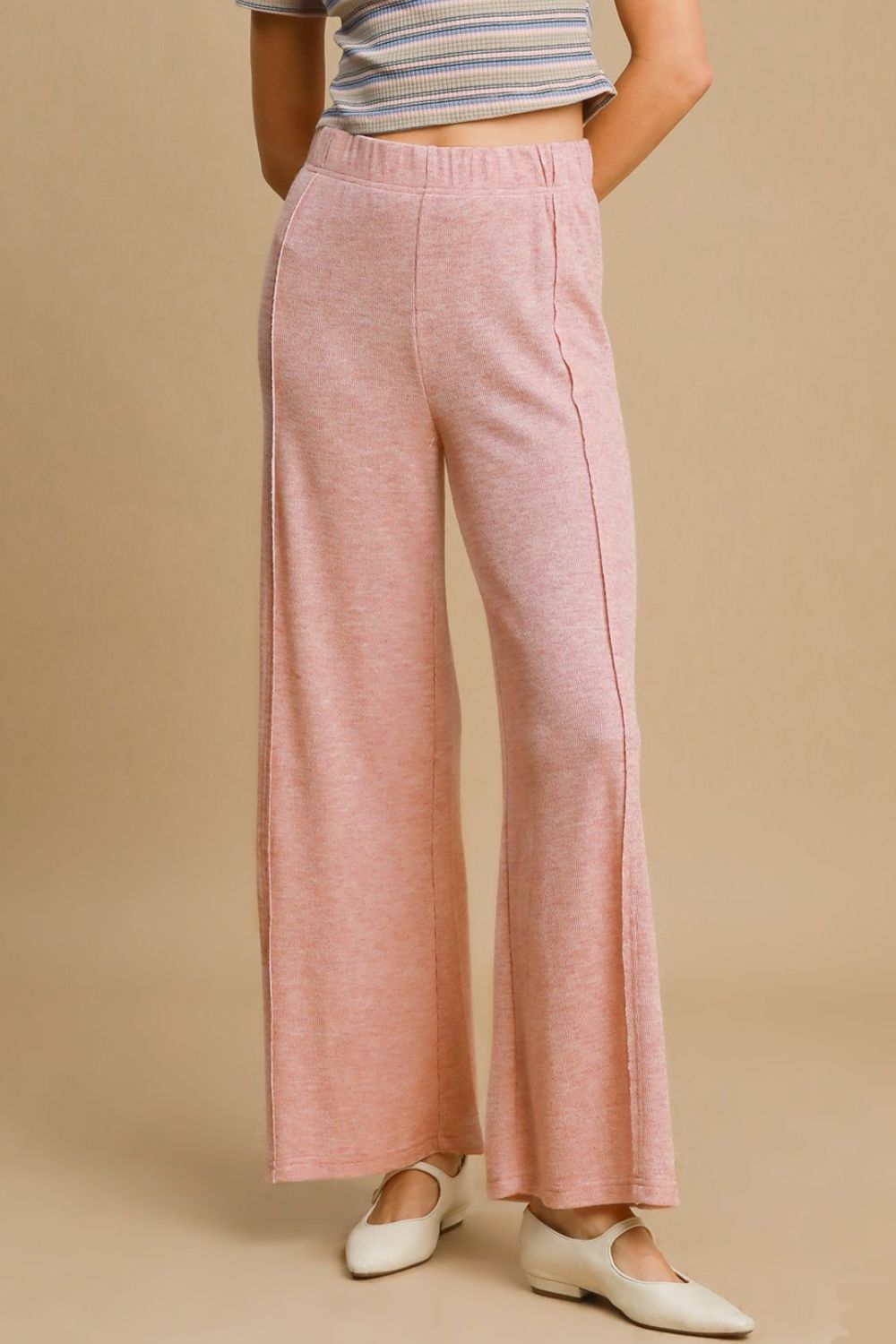 Elastic Waist Wide Leg Knit Pants Umgee Dusty Pink S