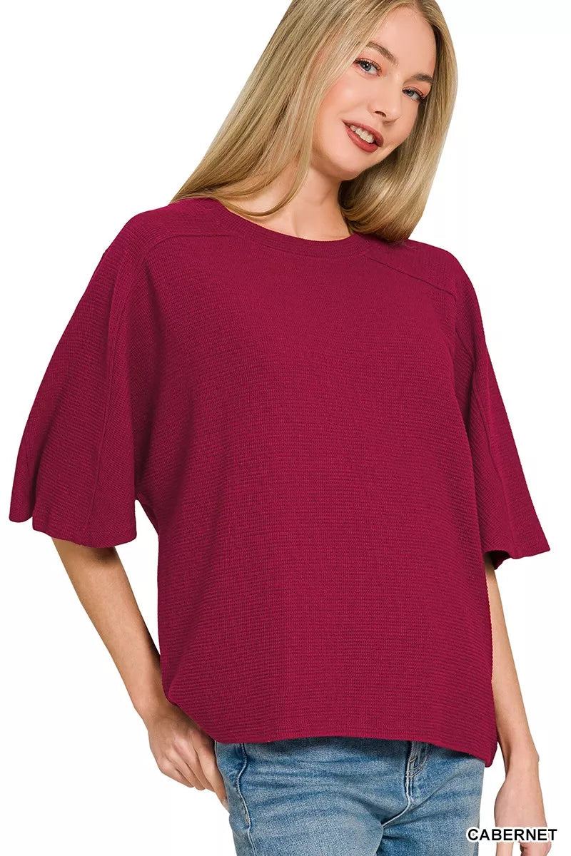 Double Knit Short Sleeve Top ZENANA CABERNET S