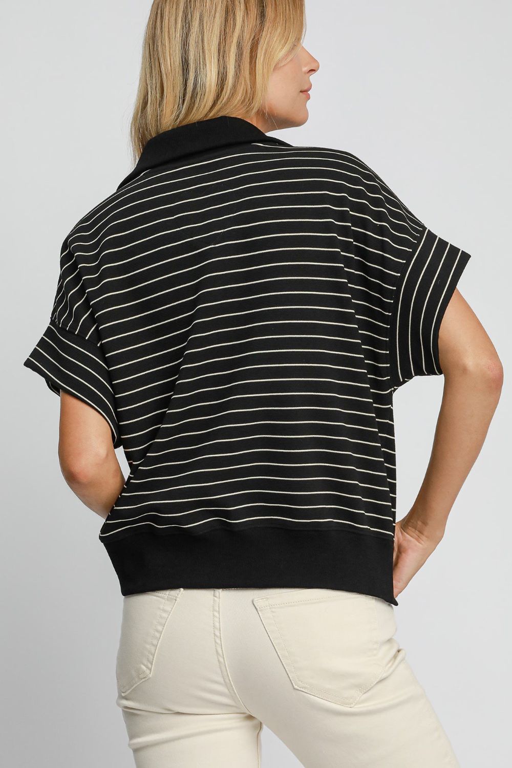 Striped Half Zip Short Sleeve Sweatshirt Umgee