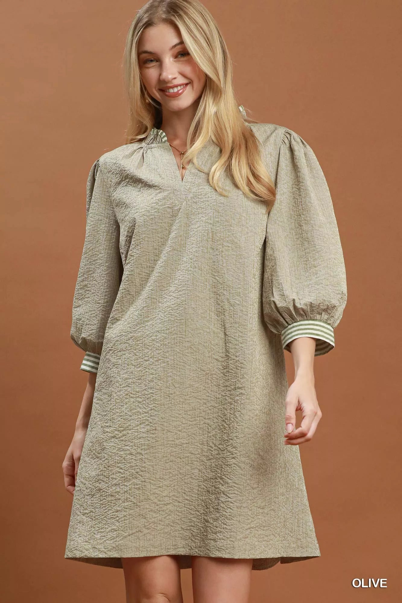 Umgee Textured Contrast Trim Tie Waist Mini Dress Trendsi