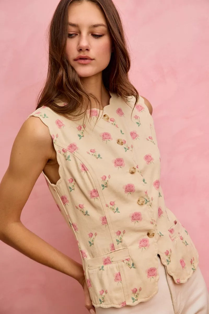 SO ME Floral Rose Cotton Twill Scallop Button Vest Top Trendsi