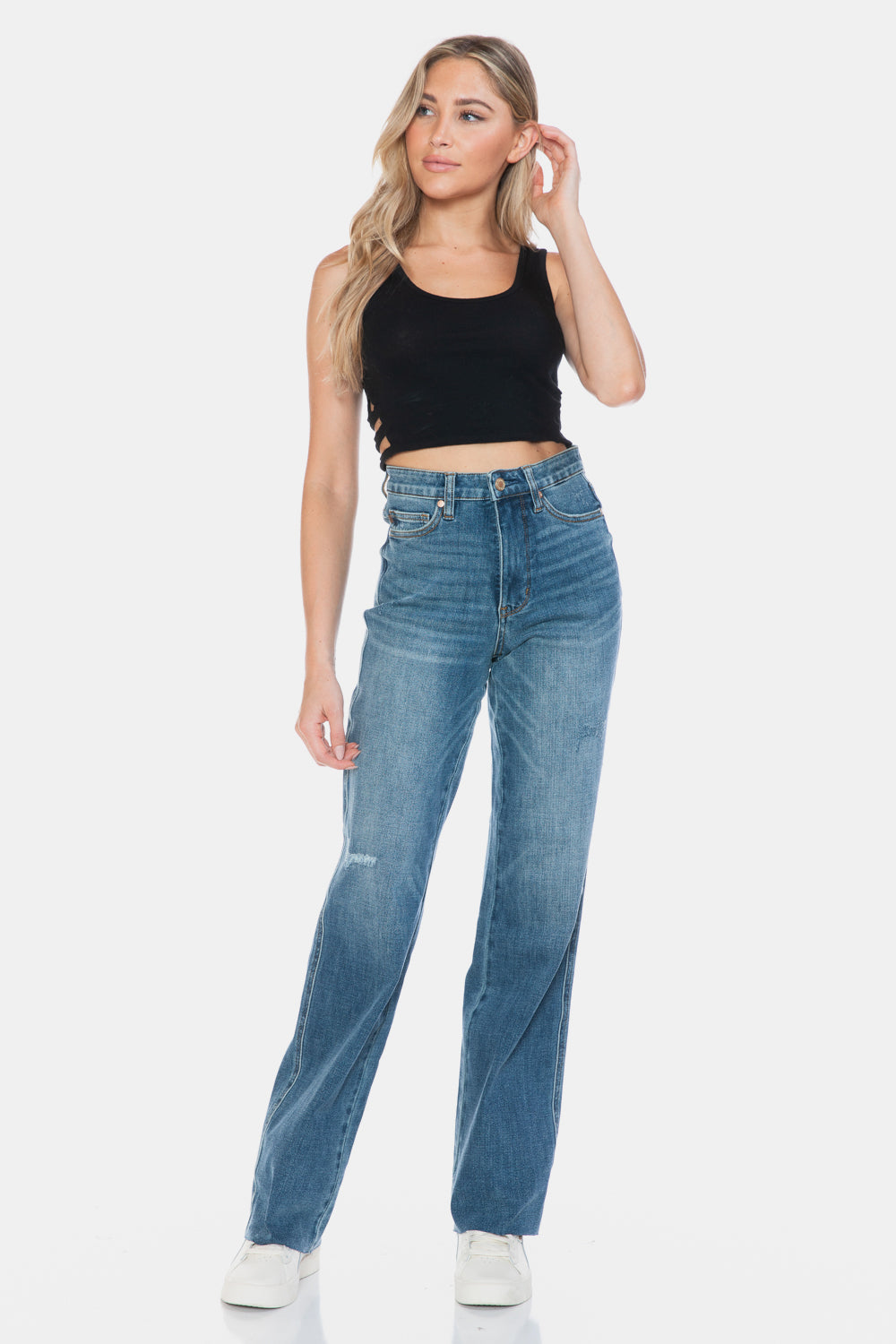 Tummy Control Cut Raw Hem Straight Jeans Judy Blue   