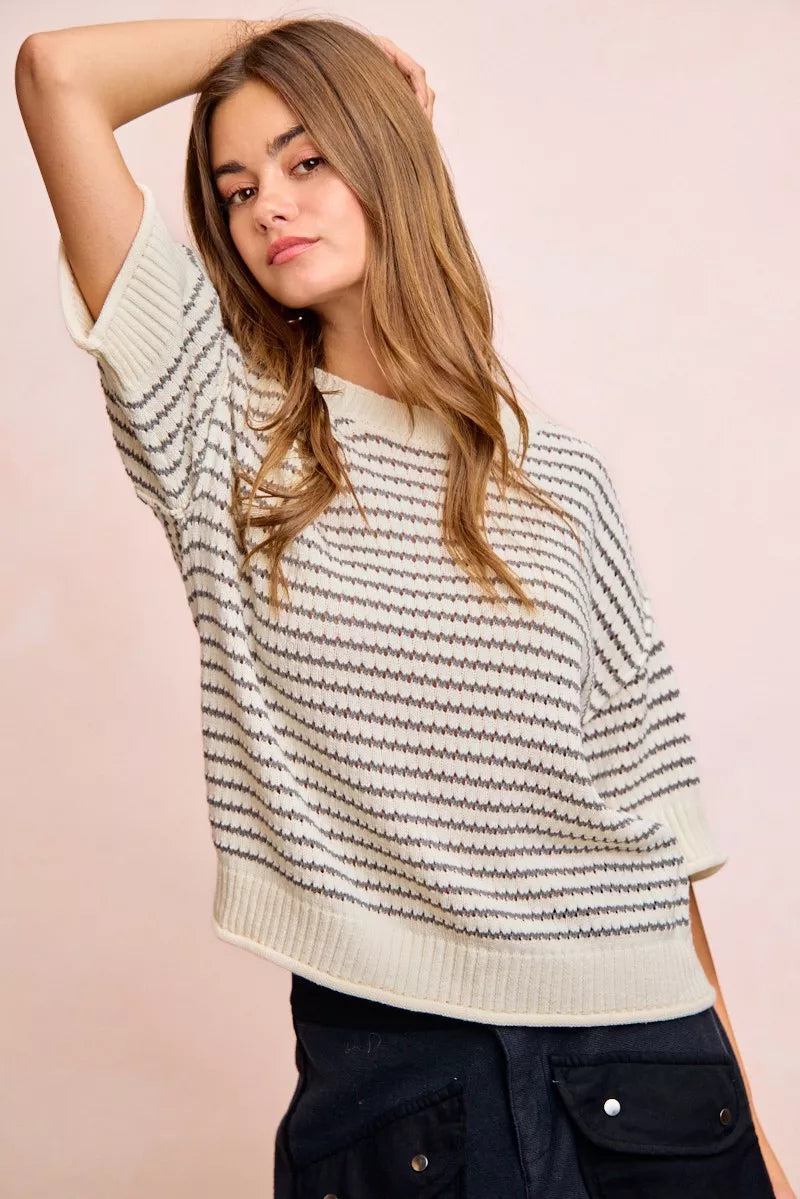 Bib striped short sleeve rib-banded outseam soft knit top for  women - Simmer & Fay
