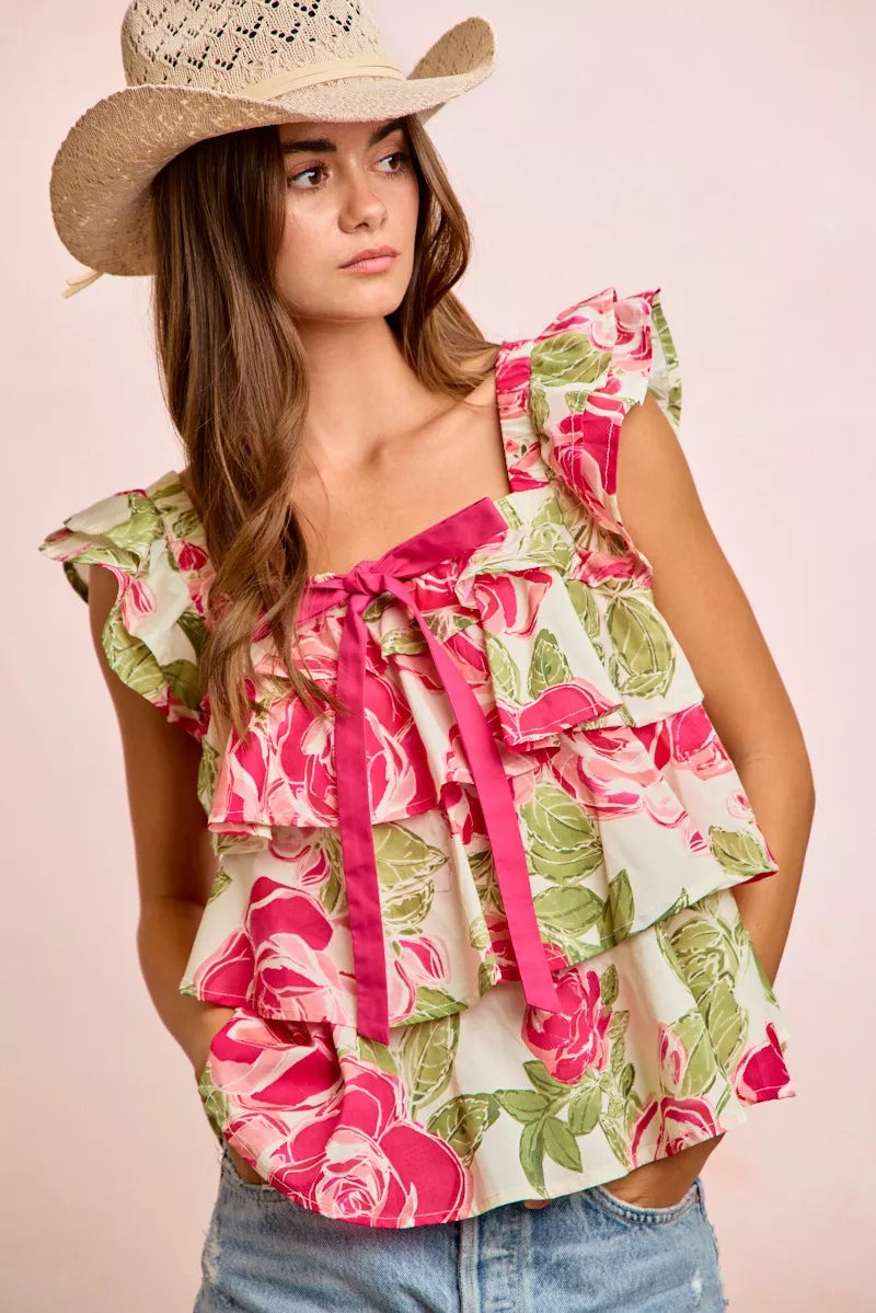 Floral Print Woven Bow Tie Ruffle Square Neck Top BiBi
