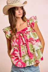 Floral Print Woven Bow Tie Ruffle Square Neck Top BiBi