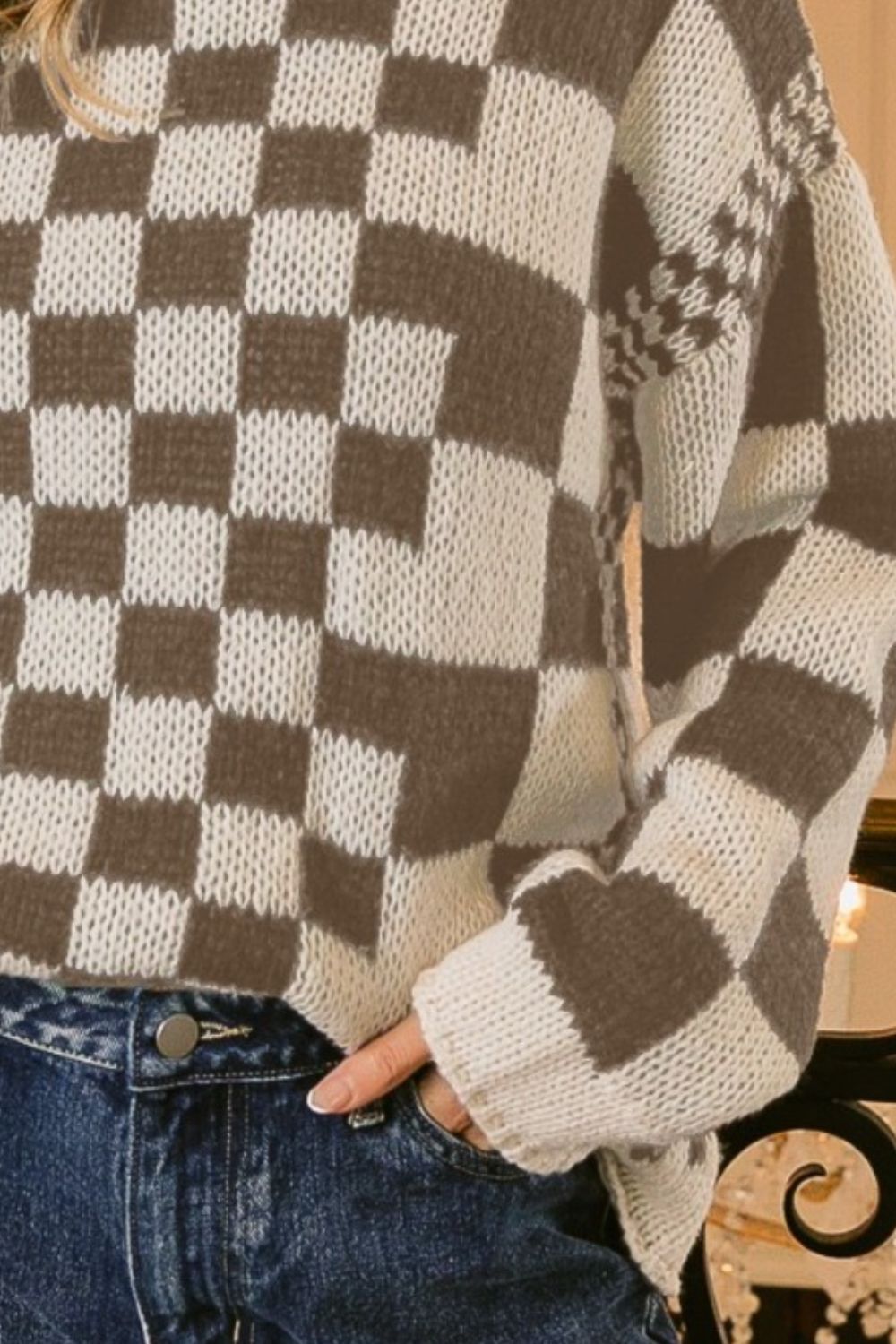 Checkered Contrast Chunky Sweater BiBi   